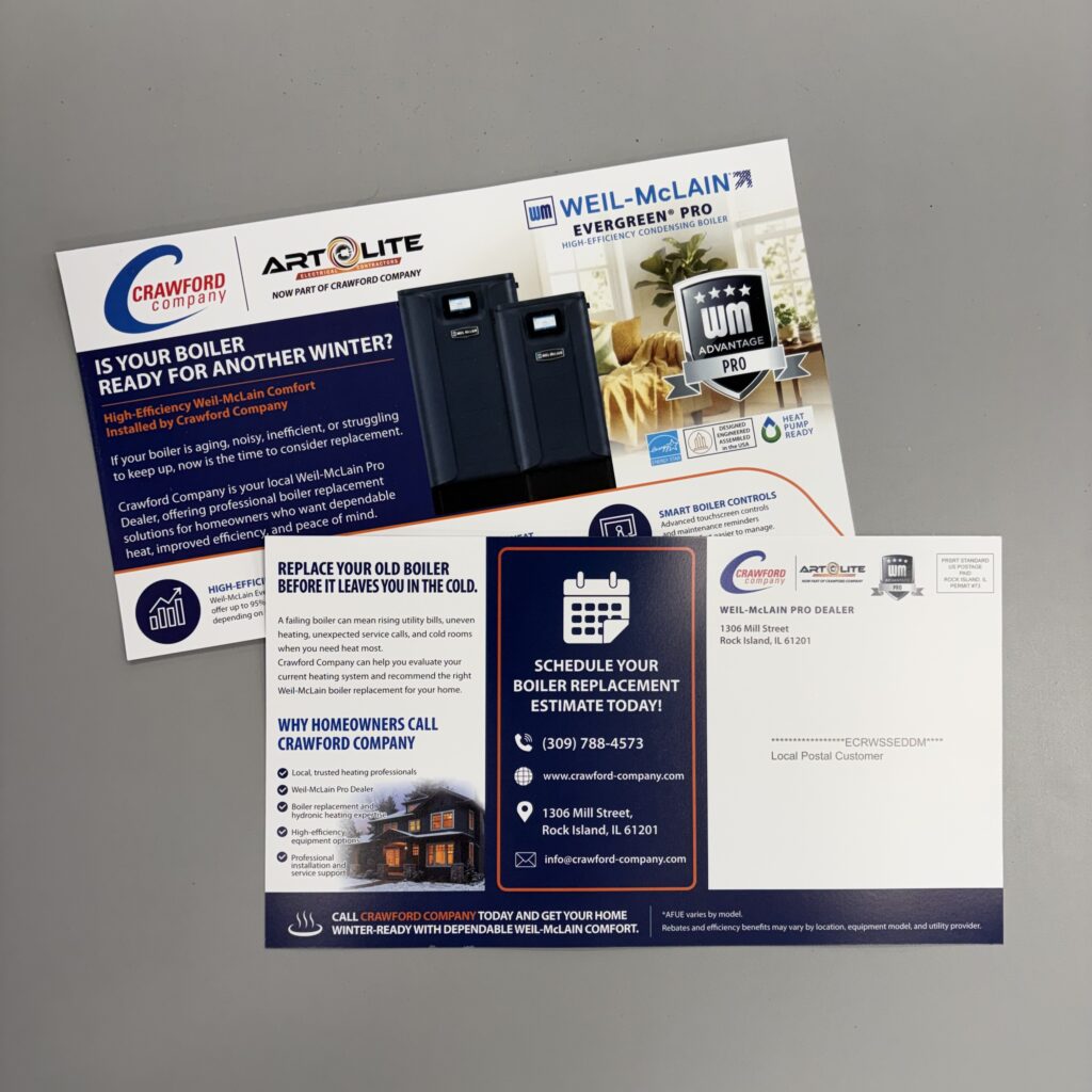 Postcard advertisement for Crawford Company by Dimensional Graphics